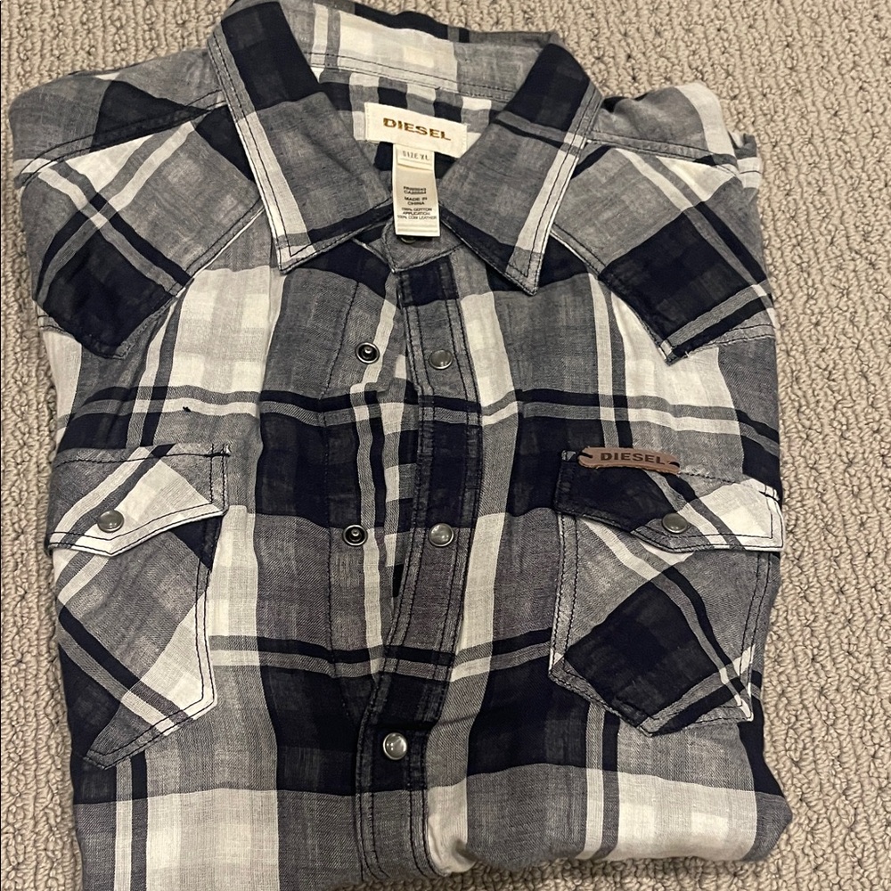 Diesel Men's Navy and White Plaid Button Down Shirt
